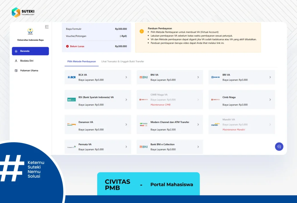 metode pembayaran formulir aplikasi civitas pmb