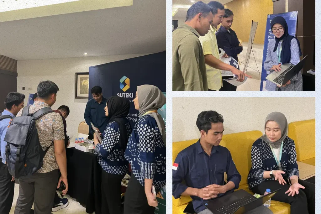 Diskusi digitalisasi dan pelaporan perguruan tinggi di booth Suteki Technology FORPTI 2026