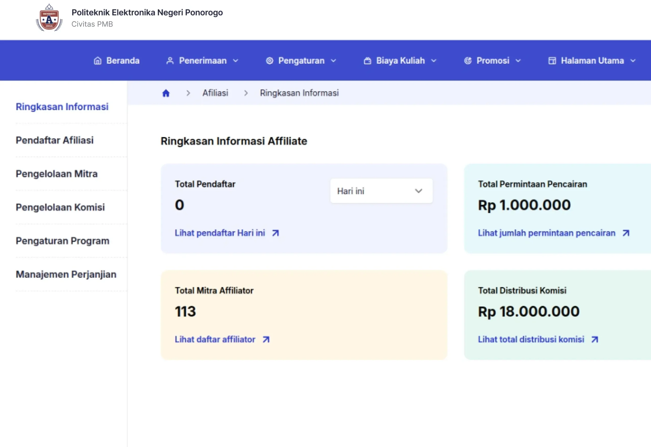 Tampilan dashboard Civitas PMB Affiliate