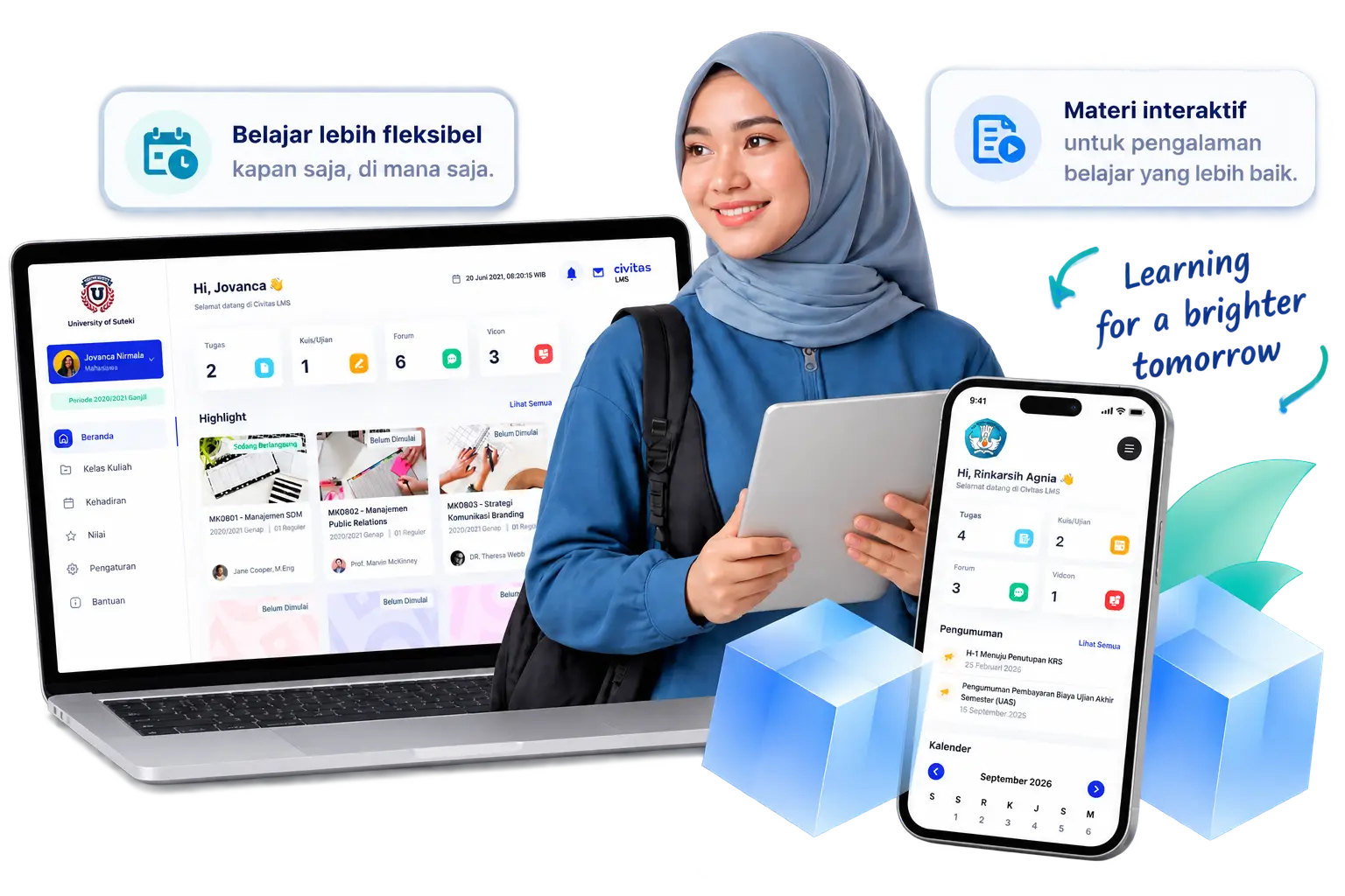 Mahasiswi menggunakan Civitas LMS pada laptop dan ponsel