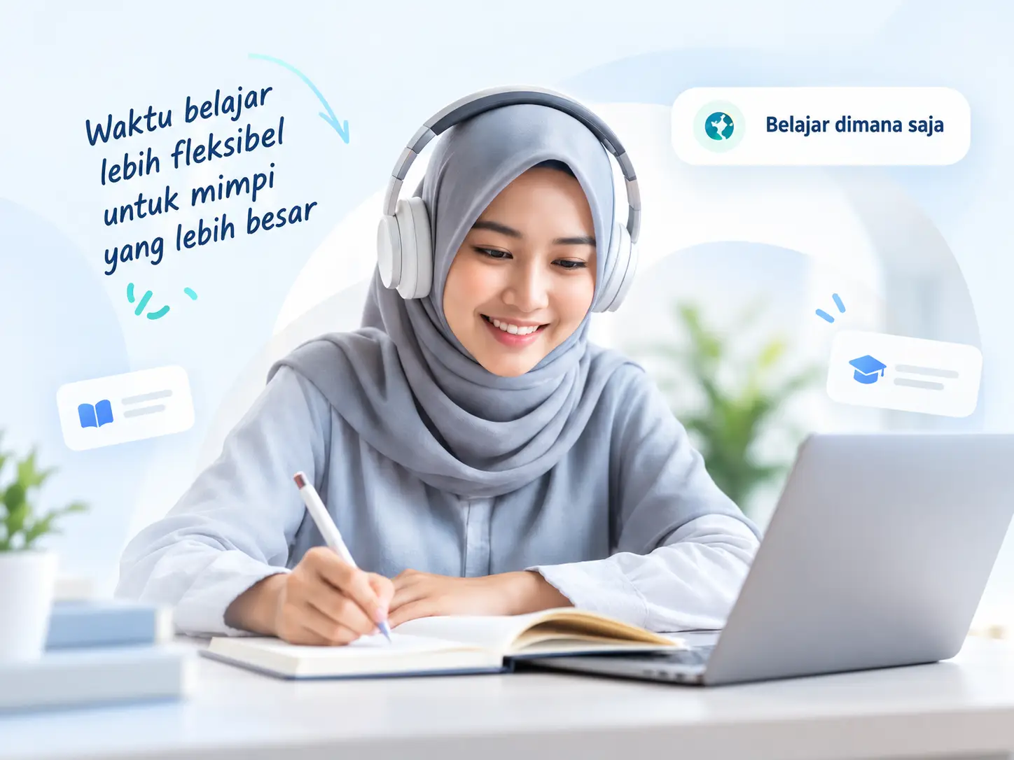 Mahasiswi mengikuti pembelajaran fleksibel melalui laptop